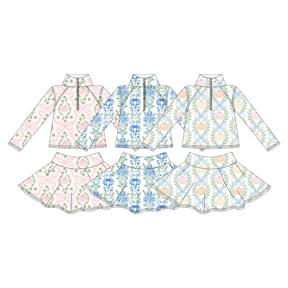 5.15 Pre order No Moq Baby Girls Pumpkin Bow Printed Halloween Long Sleeve Top Short Skirt Active Wear Set