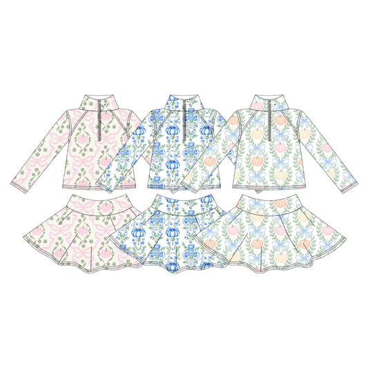 5.15 Pre order No Moq Baby Girls Pumpkin Bow Printed Halloween Long Sleeve Top Short Skirt Active Wear Set