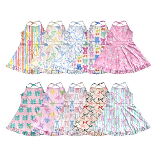 6.02   Pre order Colorful Bows Ruffle Kids Girls Athletic Dresses Straps Cute Fashionable Girls Sportswear for Children