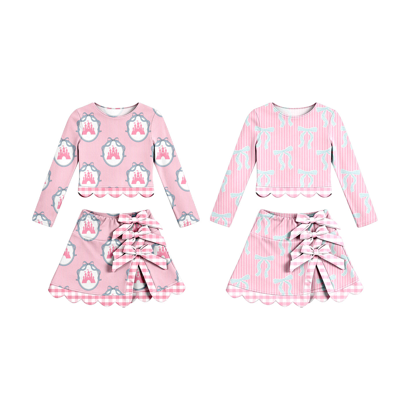 4.17 Pre order No Moq Baby Girls Pink Stripe Bows Top Short Skirt Yoga Active Scallop Clothes Sets