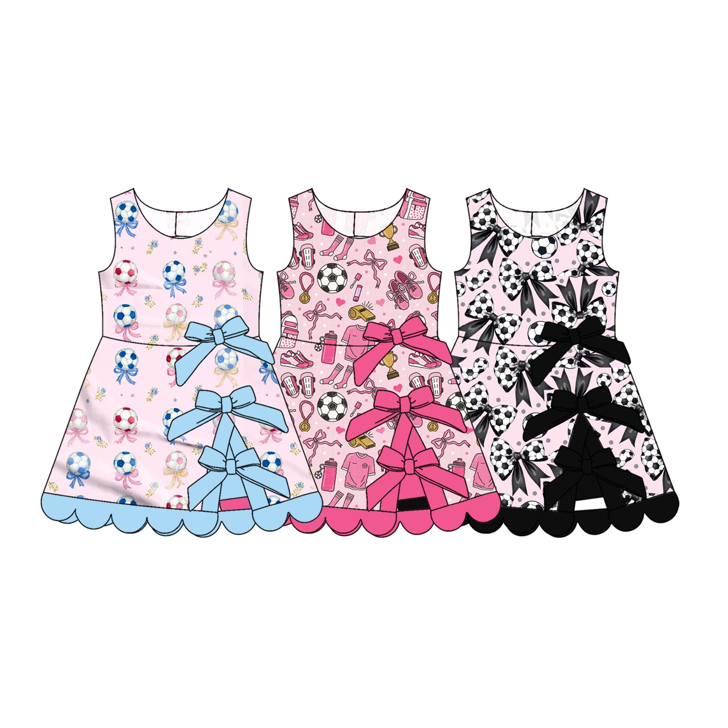 4.8 Pre order No Moq Baby Girls Bows Footballs Yoga Active Team Scallop Short Knee Length Dress