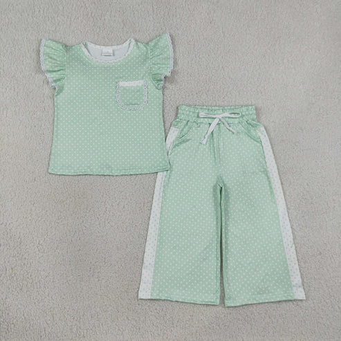 RTS NO MOQ Sibling Baby Girls Flutter Sleeve Polka Dots Top Pockets Flare Pants Clothes Sets