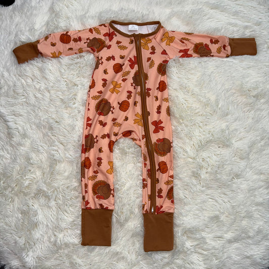 11.4 RST LR2689 Baby Boys Bows Turkey Pumpkins Thanksgiving Two Way Zip Convertible Rompers