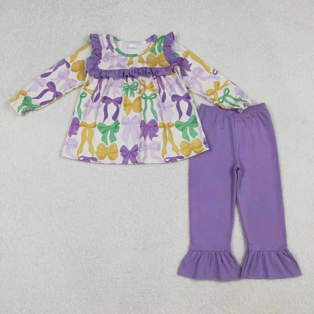 10.3 RTS Sibling Baby Girls Mardigras Bows Ruffle Pants Clothes Set Knee Length Dress Rompers