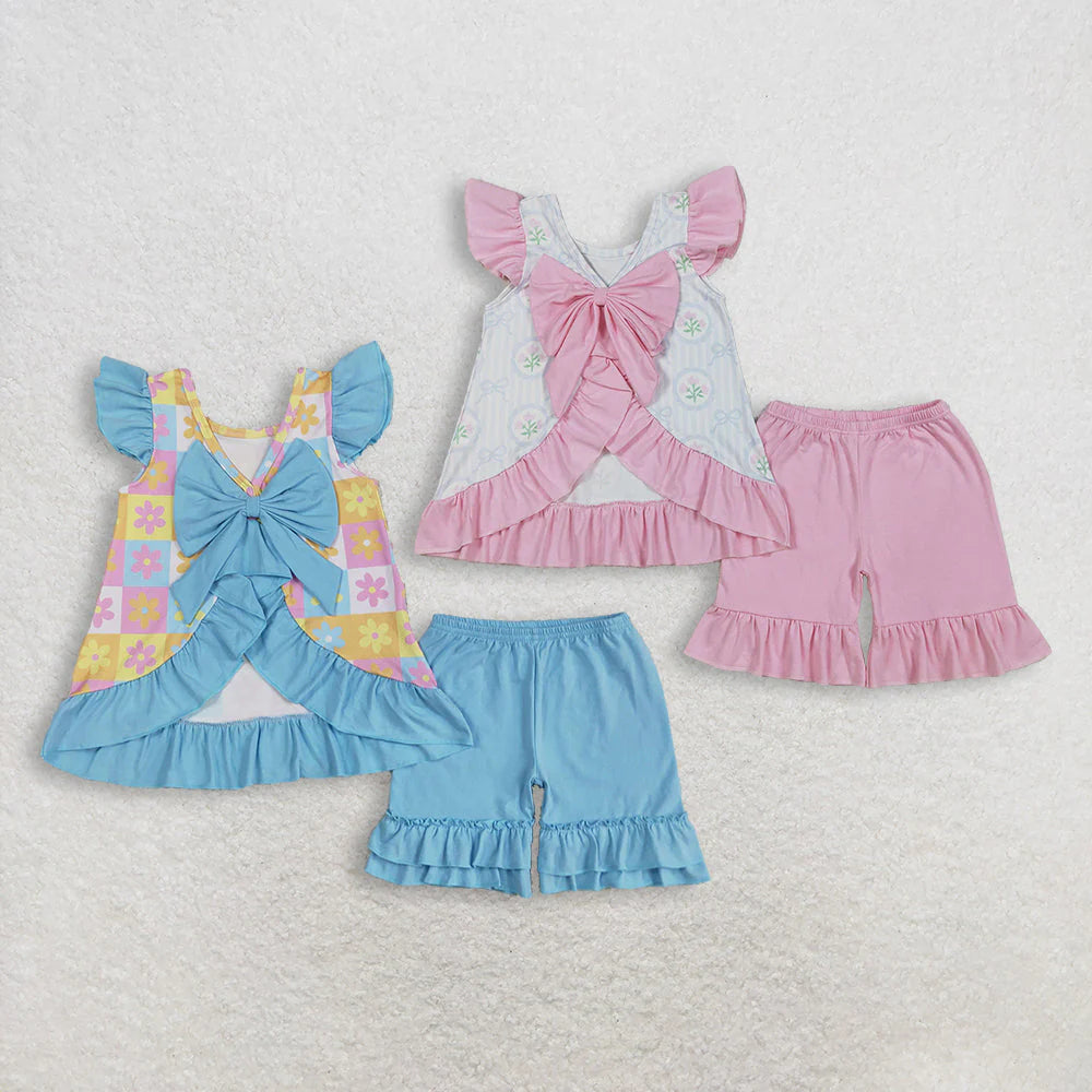 12.6 RTS Sibling Baby Girls Flowers Checked Flutter Sleeve Back Bows Tunic Ruffle Shorts Clothes Sets