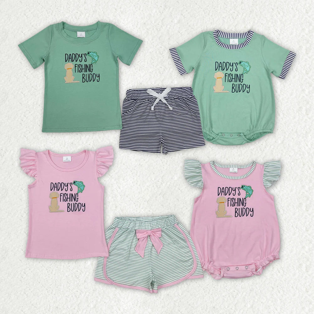 12.26 RTS Sibling Boys Baby Girls Daddy's Fishing Buddy Tops Shorts Clothes Suits