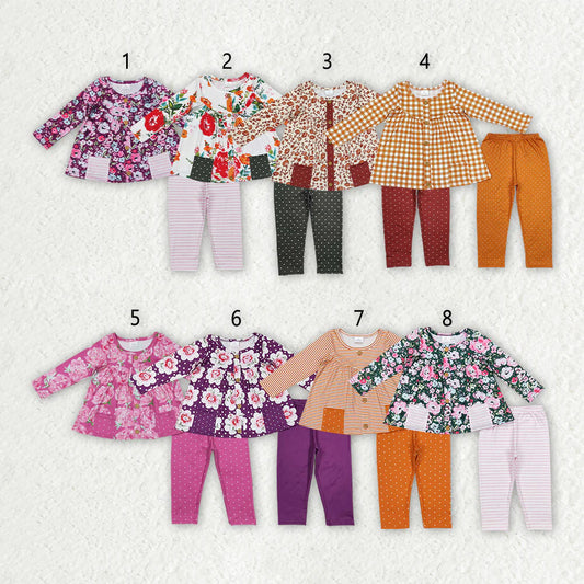 10.3 RTS Sibling Baby Girls Fall Floral Pocket Tunic Legging Pants Clothing Sets