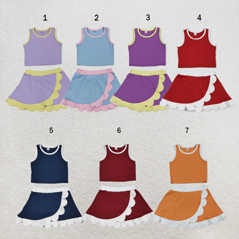 USA Warehouse (IN STOCK) Sibling Baby Girls Sleeveless Vests Top Scallop Skirt Short Yoga Active Clothes Set