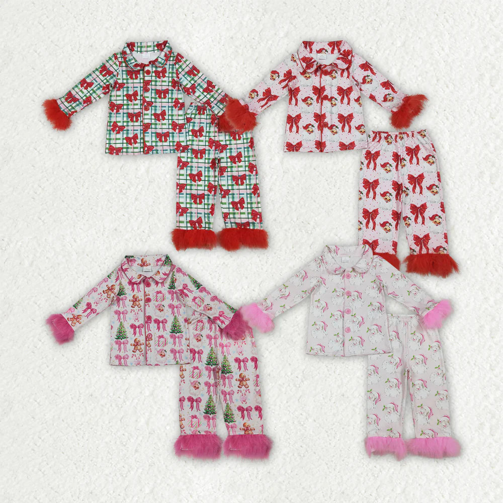 10.2 RTS Sibling Baby Girls Christmas Fur Sleeve Bows Buttons Top Pants Pajamas Sets