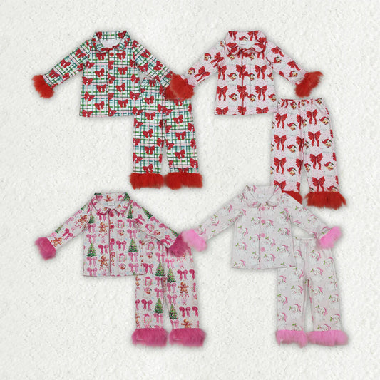 10.2 RTS Sibling Baby Girls Christmas Fur Sleeve Bows Buttons Top Pants Pajamas Sets