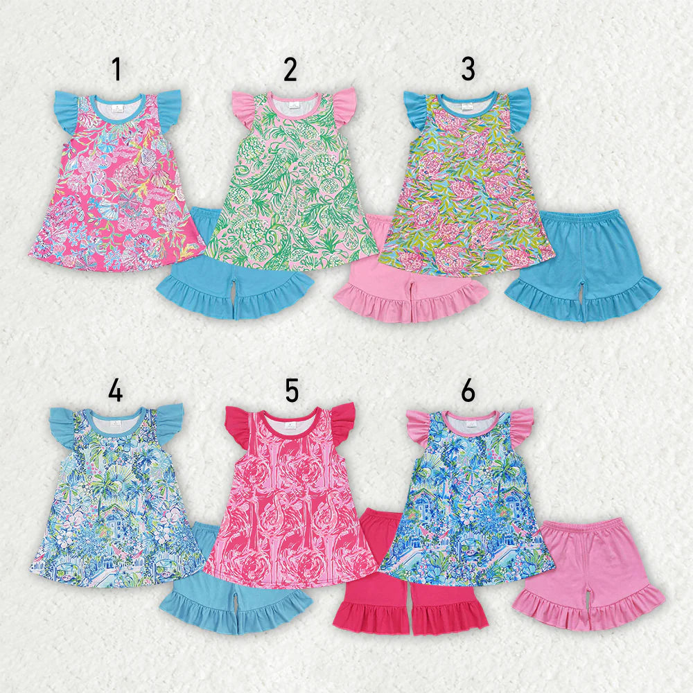 11.29 RTS Sibling Baby Girls Sea Flowers Tunic Ruffle Shorts Outfits