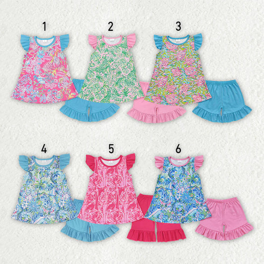 11.29 RTS Sibling Baby Girls Sea Flowers Tunic Ruffle Shorts Outfits