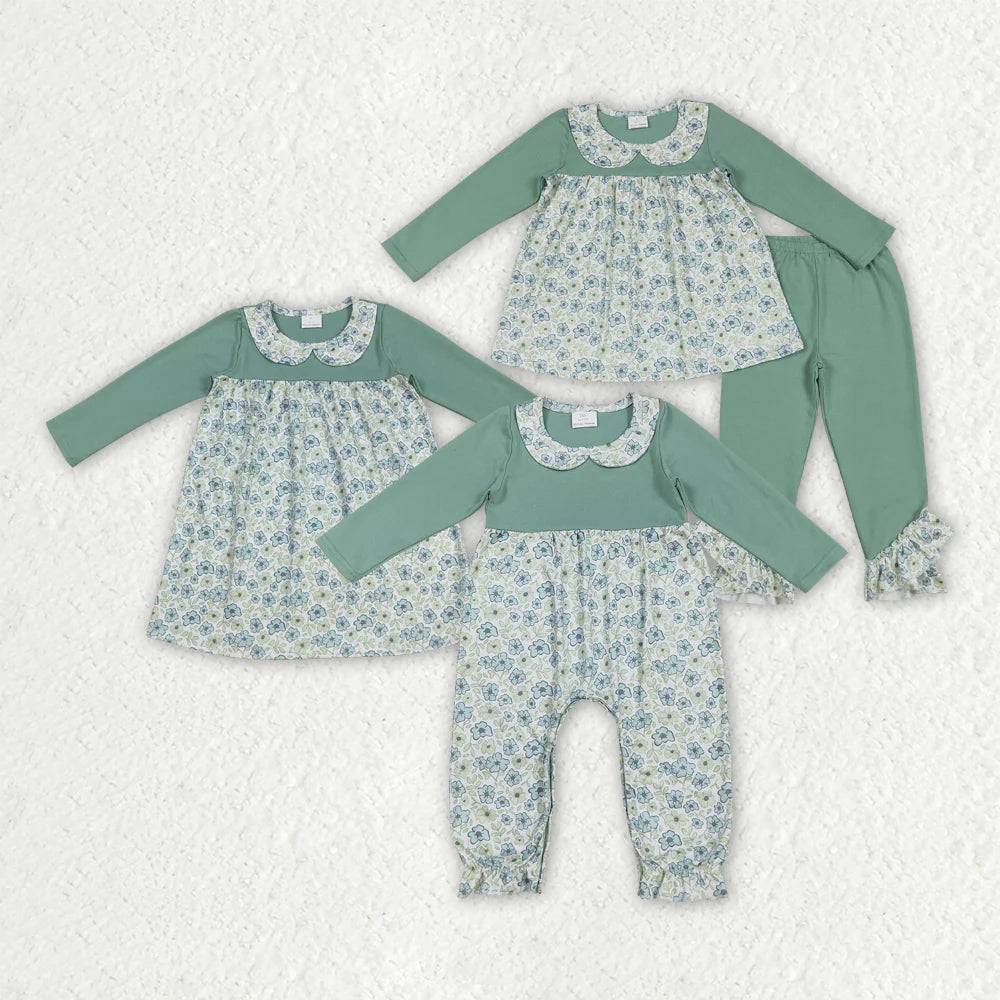 10.1 RTS Sibling Baby Girls Green Floral Rompers Dressses Outfits Sets