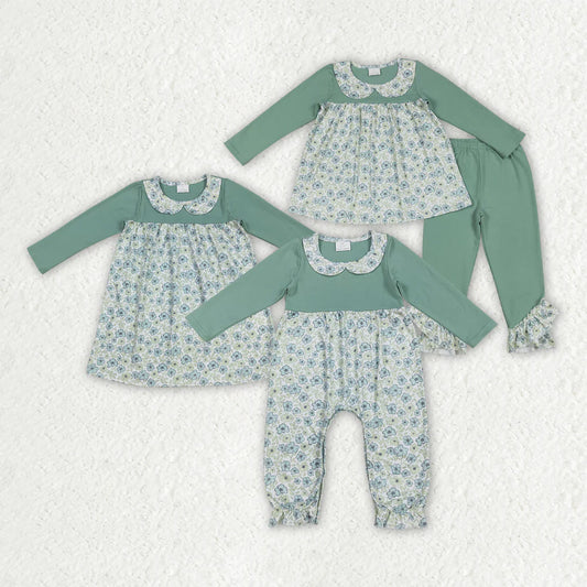 10.1 RTS Sibling Baby Girls Green Floral Rompers Dressses Outfits Sets