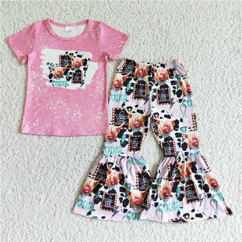 GSPO0026 cow codie pink cow head short sleeve flared pants suit
