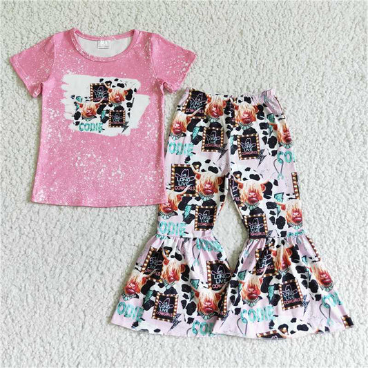 GSPO0026 cow codie pink cow head short sleeve flared pants suit