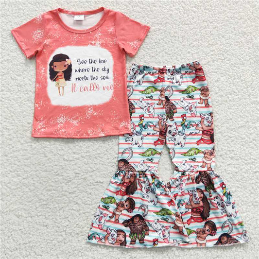 GSPO0677 Cartoon Encanto Pig See The Line Letters Orange Short Sleeve Top Trousers Set