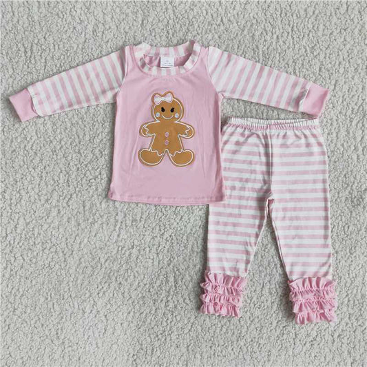 6 A7-26Pink gingerbread embroidery stripe girls Christmas pajamas