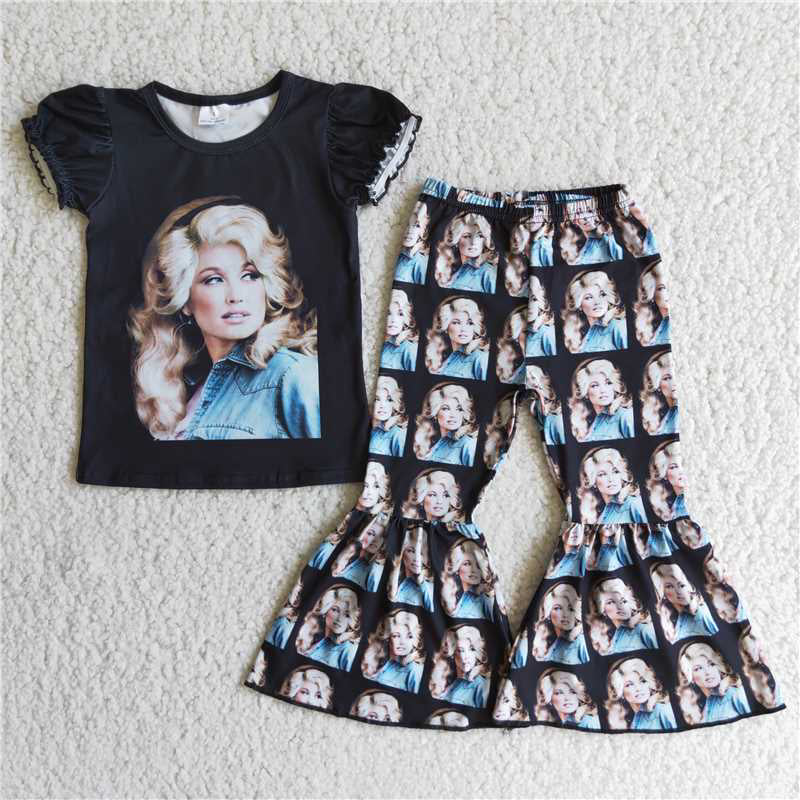 D3-3 Monroe dolly girl black short-sleeved flared pants suit