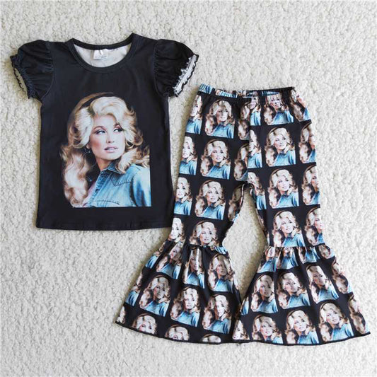 D3-3 Monroe dolly girl black short-sleeved flared pants suit