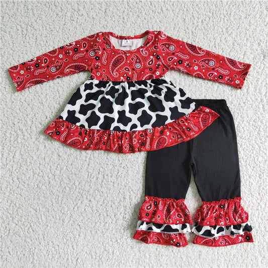 6 B2-23Paisley cow print tunic ruffle pants girls clothing set