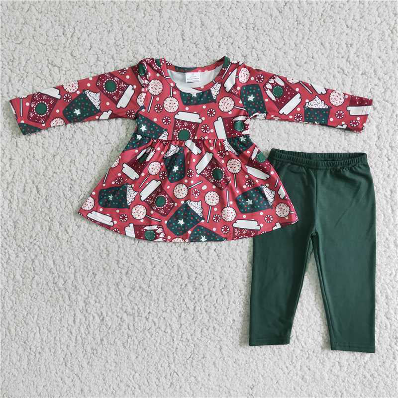 6 A18-29Cup print long sleeve tunic green leggings girls Christmas clothes