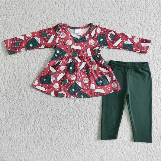 6 A18-29Cup print long sleeve tunic green leggings girls Christmas clothes