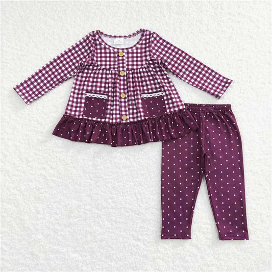 GLP0886Maroon plaid pocket top leggings girls clothing set