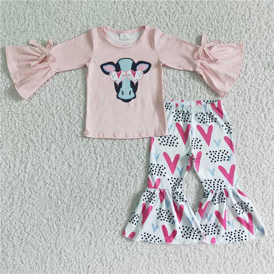 6 A15-29Cow print shirt heart bell bottom pants girls valentine's day clothing