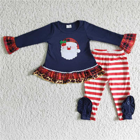 6 C7-2 Girls Embroidered Santa Claus Long Sleeve Leopard Lace Striped Pants Set