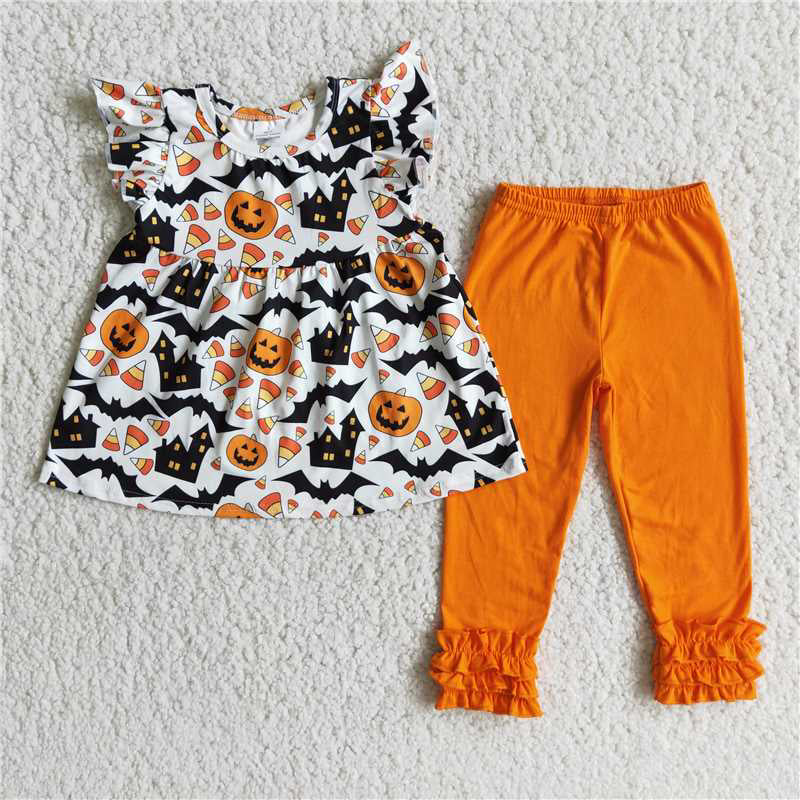 E3-5 Halloween Pumpkin Bats House Legging set