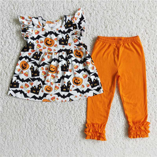 E3-5 Halloween Pumpkin Bats House Legging set