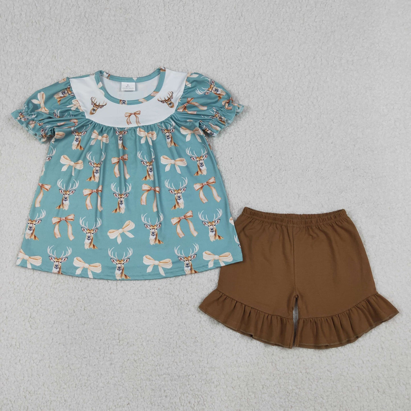 4.9 GSSO3212 RTS NO MOQ （In stock ）Short sleeves deer bow tunic ruffle shorts girls outfits