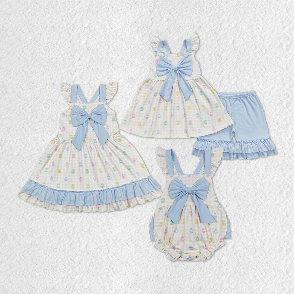 2.10 RTS Sibling Baby Girls Summer Bow Easter Eggs Rompers Dresses Outfits Suits