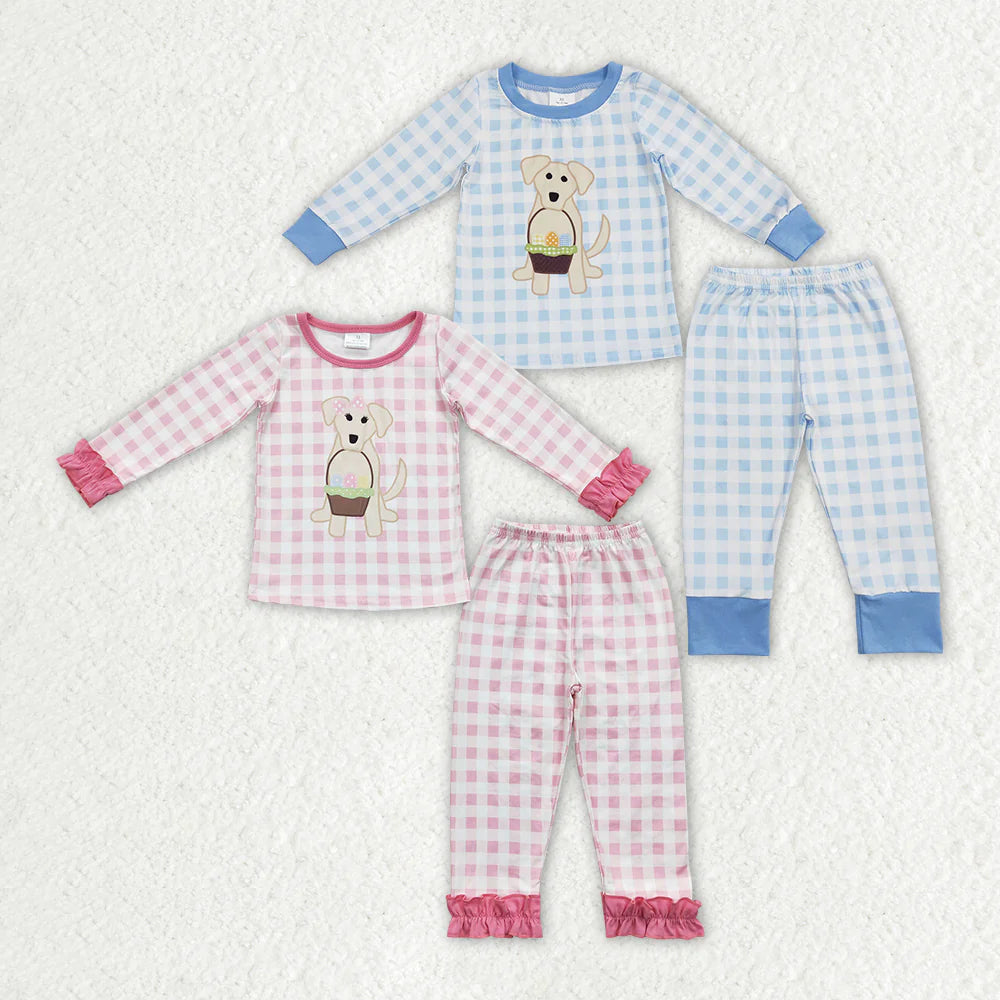 2.11 RTS Baby Girls Dog Easter Eggs Top Pants Pajamas Sister Brother Clothes Sets