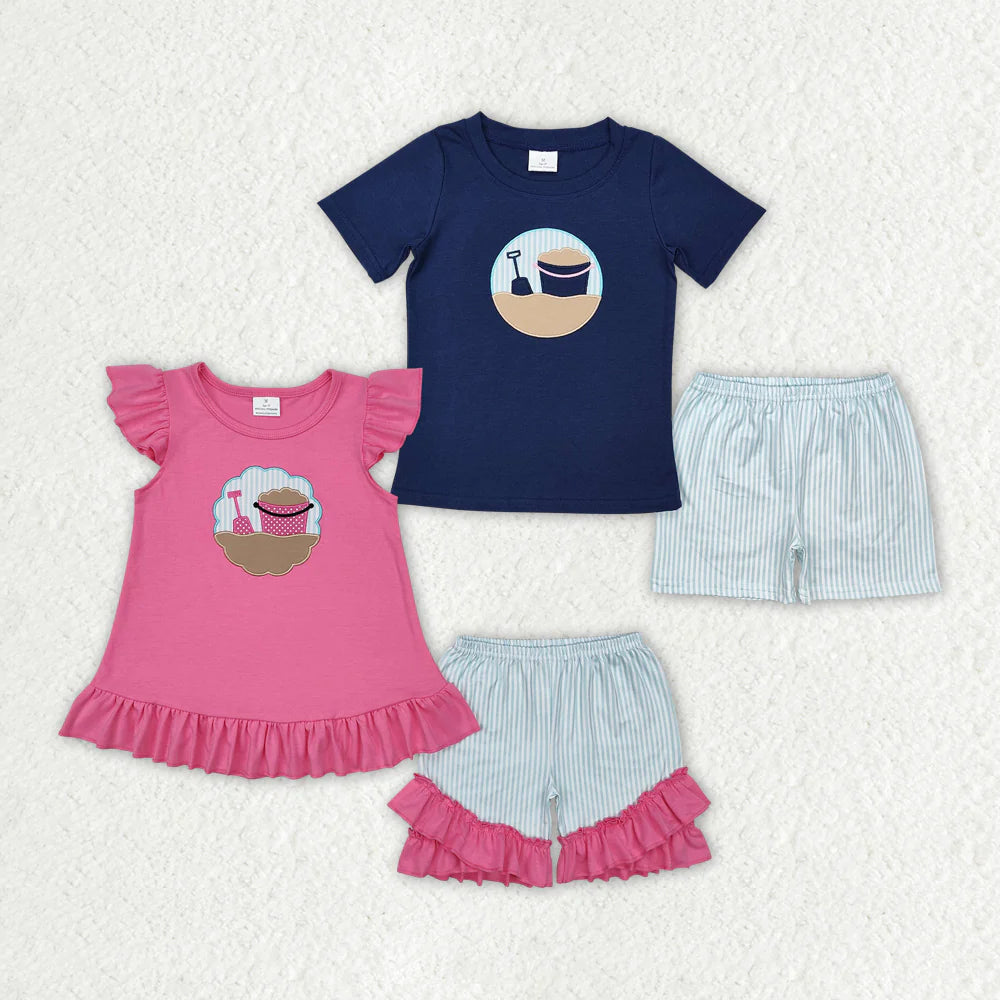 12.26 RTS Sibling Boys Baby Girls Pink Beach Shirt Shorts Clothes Sets