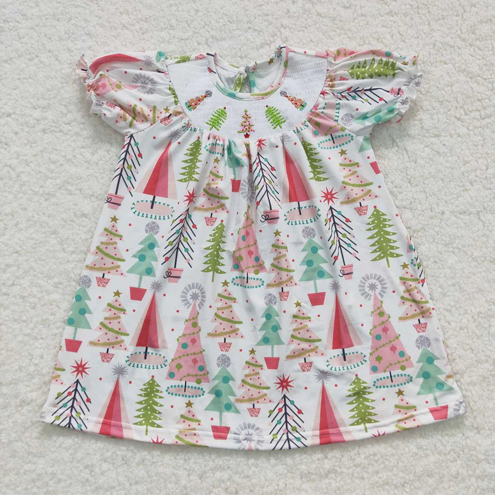 11.18 RTS NO MOQ （In stock）GSD0440 Baby Girls Christmas Tree Smocked Pink Dresses