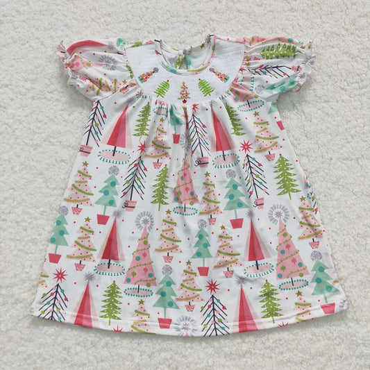 11.18 RTS NO MOQ （In stock）GSD0440 Baby Girls Christmas Tree Smocked Pink Dresses