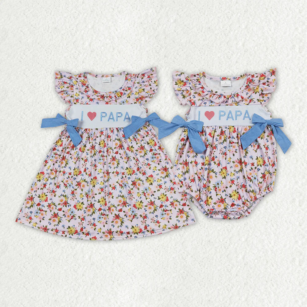 12.24 RTS Sibling Baby Girls I Love Papa Floral Bows Rompers Dresses