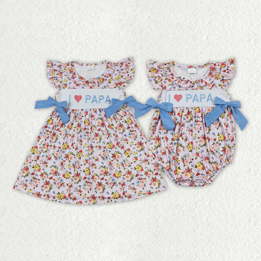 12.24 RTS Sibling Baby Girls I Love Papa Floral Bows Rompers Dresses