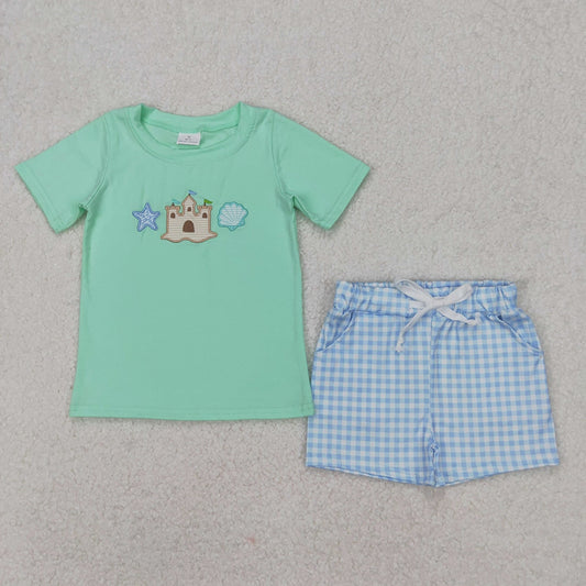 BSSO1266 RTS NO MOQ Starfish shell castle top plaid shorts boys kids clothes