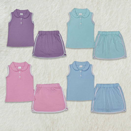 Kids Girls Light Blue Cotton Sleeveless Polo Shirt Skirt Set - Breathable Comfortable Children's Clothing