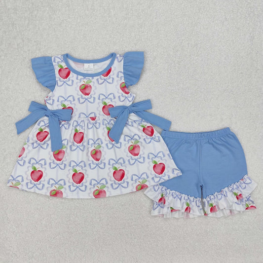 GSSO2114Kids Girls Apple Bow Flutter Sleeve Outfit Back to School Ensemble for Ages 2-12