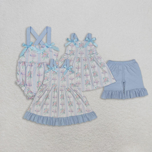 6.04   Light Blue Straps Floral Cake Bow Girls Birthday Clothes Cute Feminine Design for Children's Party Outfit