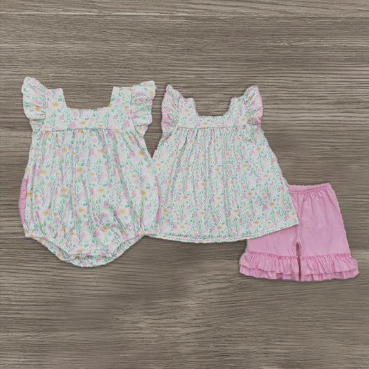 6.04   Girls Pink Floral Ruffle Shorts Summer Clothes with Flutter Sleeves for Kids