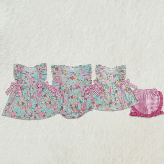 Baby Girls Ruffle Pink Plaid Bow Floral Summer Clothes Set Cute Toddler Outfit with Skirt And Top