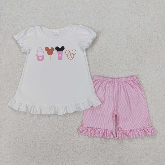 GSSO2127 New Rts No Moq 8-9 Days By Air Arrived it White mouse snacks top ruffle shorts girls clothing