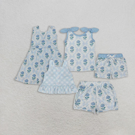 6.04   Girls Light Blue Plaid Straps Top Floral Bow Shorts Set Cute Preppy Outfit for Kids