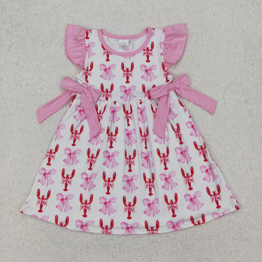GSD1890 RTS NO MOQ Pink flutter sleeves bow crawfish baby girls dresses