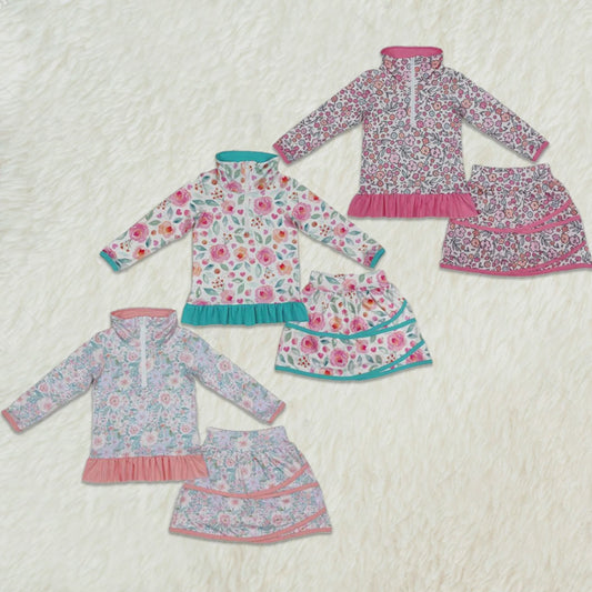 Kids Girls Peach Ruffle Floral Pullover Skirt Set - Floral Print Elastic Waist Mini Skirt with Matching Top for Children's Clothing